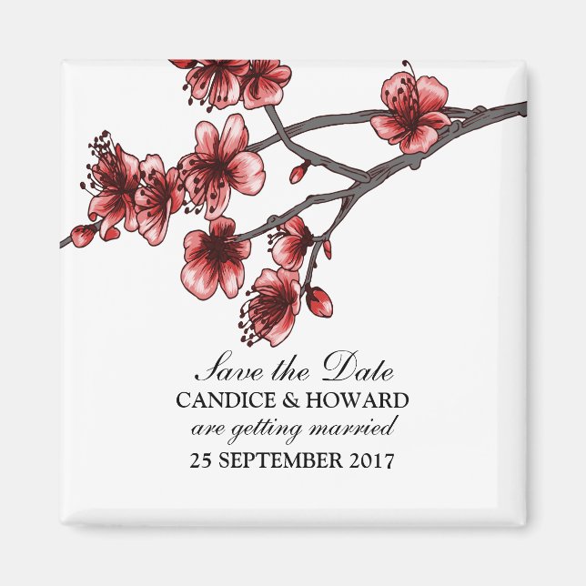 Red Simple Cherry Blossoms Save the Date Magnet (Front)