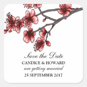 Red Simple Cherry Blossoms Save the Date Square Sticker