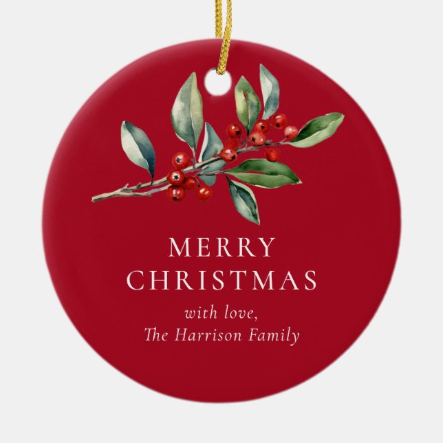 Red Simple Elegant One Photo Christmas Botanical Ceramic Tree Decoration (Front)