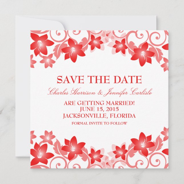 Red Simple Floral Save the Date Invite (Front)