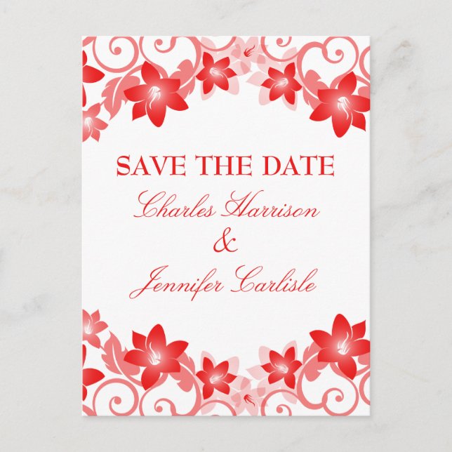 Red Simple Floral Save the Date Postcard (Front)