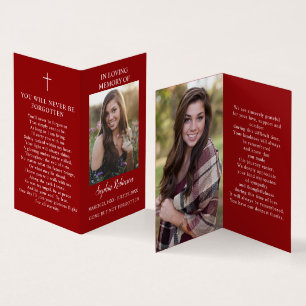 Red Simple Funeral Memorial Photo Prayer Card