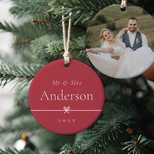 Red   Simple Minimal Bow Wedding Photo Ceramic Tree Decoration