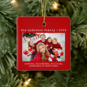 Red Simple Minimalist Family Christmas Photo Ceramic Ornament