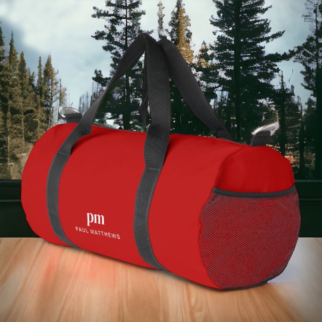 Red Simple Minimalist Monogram and Name Duffle Bag (Personalize with your initials and name.)