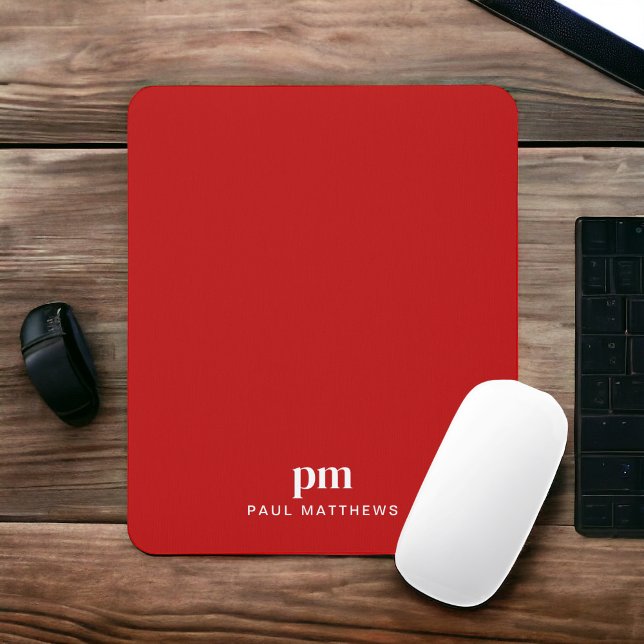 Red Simple Minimalist with Monogram and Name Mouse Mat (Personalize with your initials and name.)