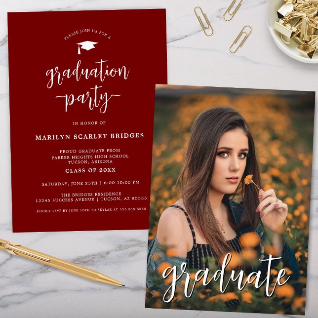 Red Simple Modern Script Graduation Invitation (red simple graduation party invitation with modern typography and full photo graduate image on back)