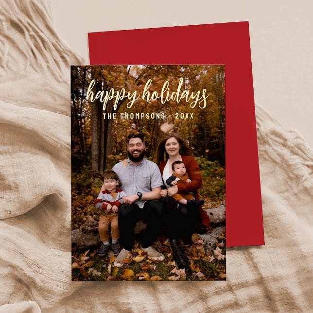 Red Simple Photo "Happy Holidays" Script  Foil Holiday Card (Creator Uploaded)