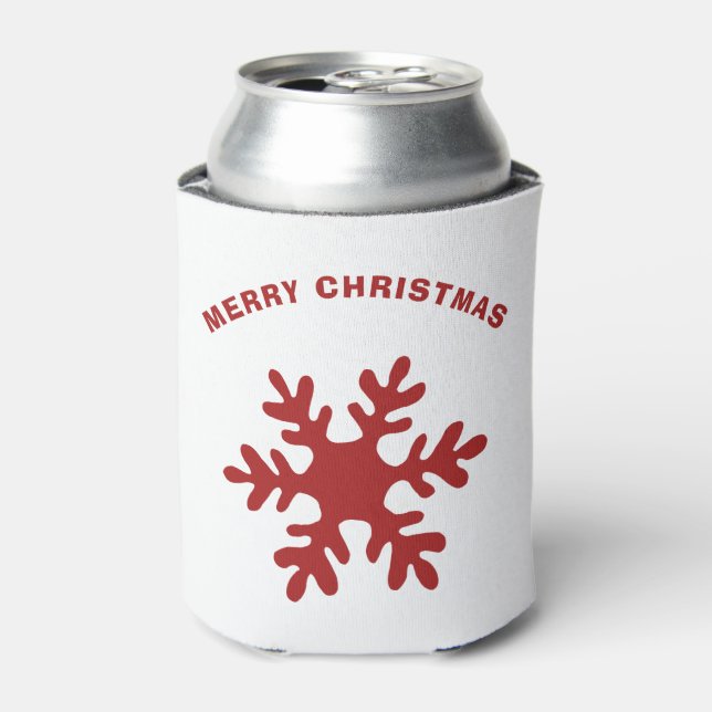 Red Simple Snowflake Merry Christmas Can Cooler (Can Front)