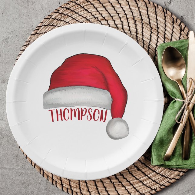 Red Simple Traditional Christmas Santa Hat Paper Plate (Christmas holiday custom paper plate with whimsy Santa Hat.)