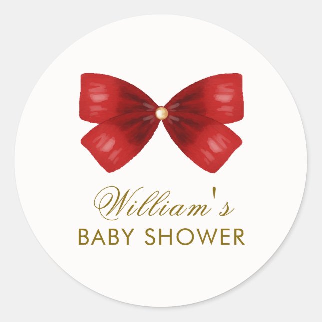 Red Simple Watercolor Bow Baby Shower Classic Round Sticker (Front)