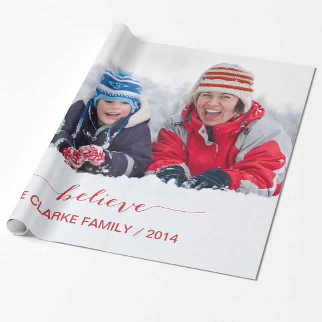 RED SIMPLY BELIEVE PHOTO HOLIDAY GREETINGS WRAPPING PAPER (Unrolled)