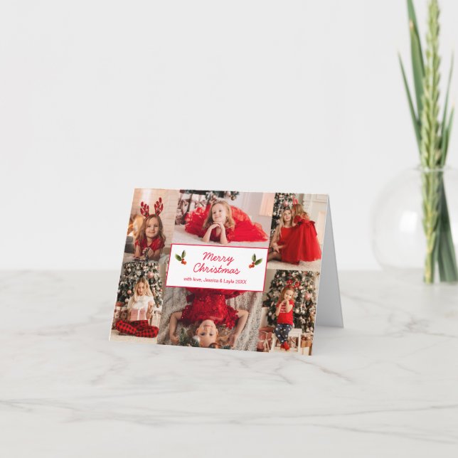 Red Six Pictures Photo Collage Merry Christmas Holiday Card (Front)