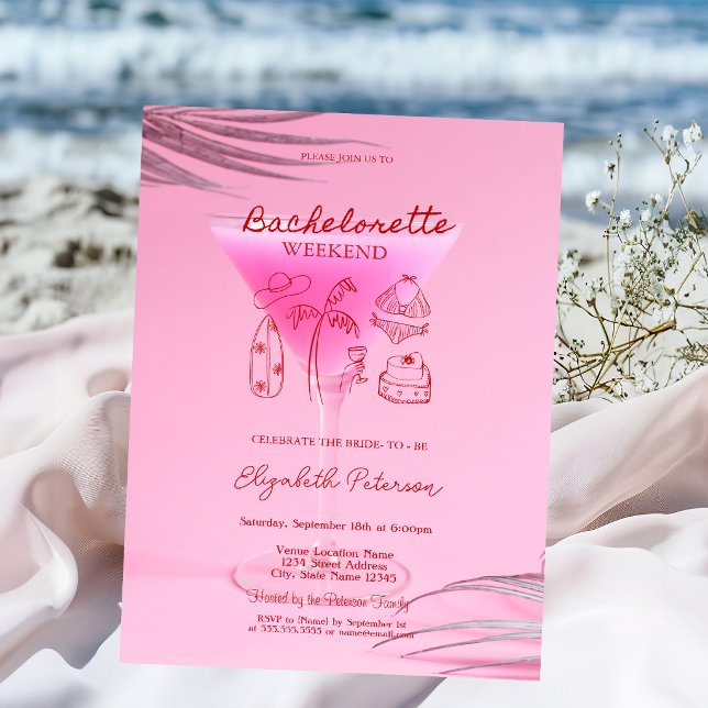 Red Sketch Bachelorette Weekend Pink Cocktail  Invitation (Creator Uploaded)