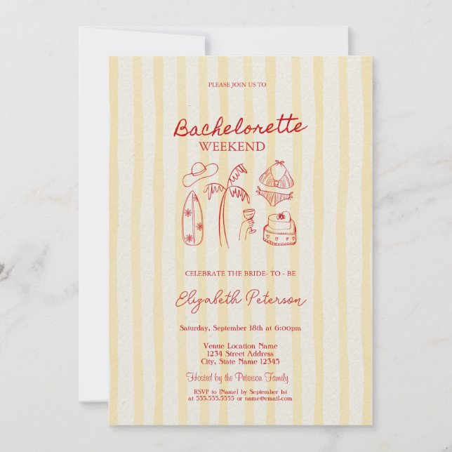 Red Sketch Bachelorette Weekend Yellow Stripes Invitation (Front)