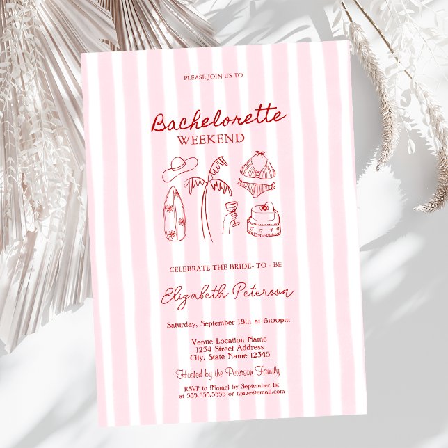Red Sketch Bikinis & Martinis Pink Striped Invitation (Creator Uploaded)