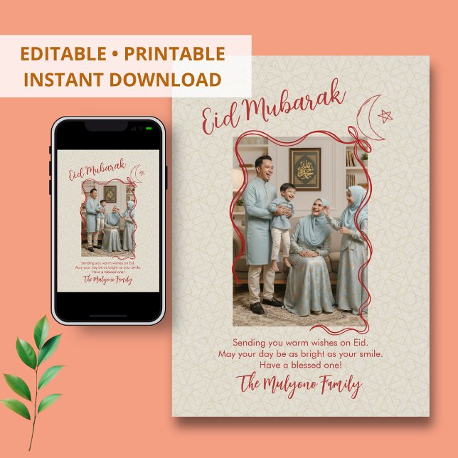 Red Sketch Ribbon Crescent Moon Photo Eid Mubarak  Holiday Card (Creator Uploaded)