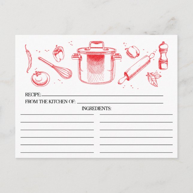 Red Sketched Kitchen Tools Recipe Cards (Front)