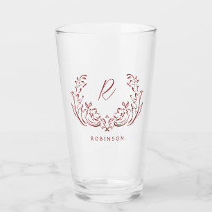 Red Sketched Vintage Flourish Family Monogram  Glass