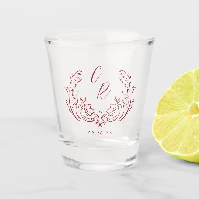 Red Sketched Vintage Flourish Wedding Monogram Shot Glass (Front)
