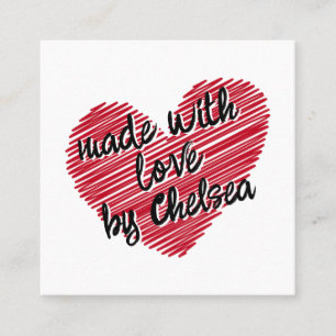Red Sketchy Heart "Made with Love"  Square Business Card