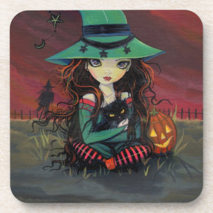 Red Skies of October Halloween Witch Art Coaster