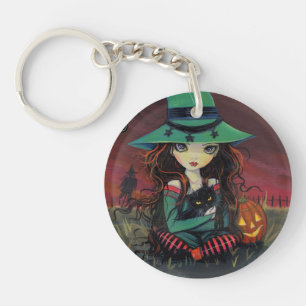 Red Skies of October Halloween Witch Art Key Ring