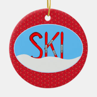Red Skis And Snow In An Oval Ceramic Tree Decoration