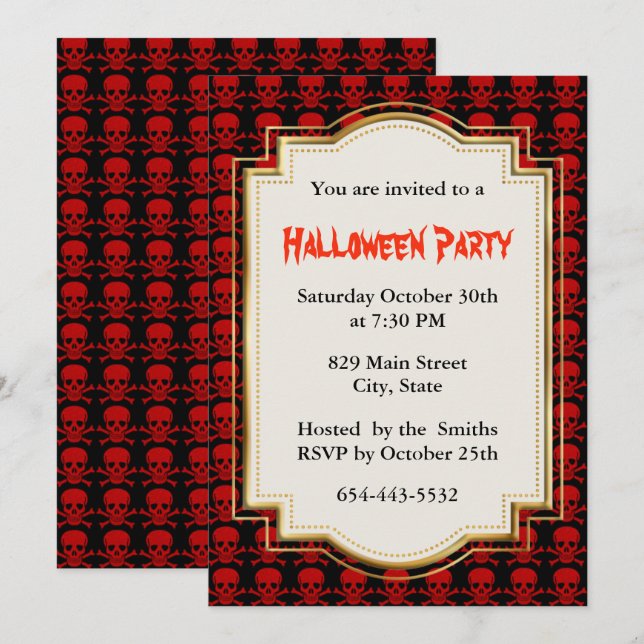 Red Skull And Crossbones Halloween Party Invitation (Front/Back)