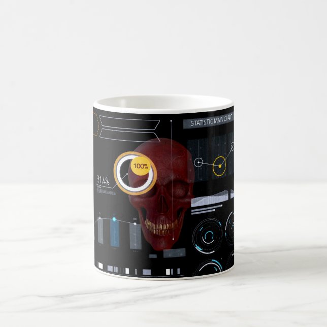 Red skull behind see-through screen hacker coffee mug (Center)
