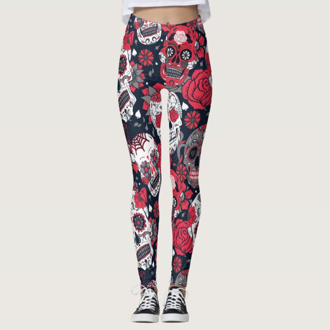Red skull floral pattern leggings (Front)
