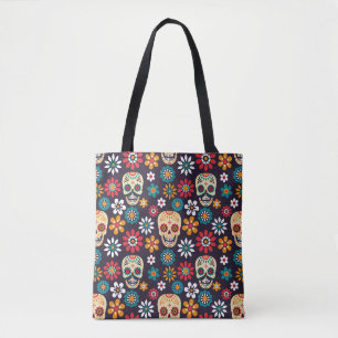 Red skull floral pattern tote bag