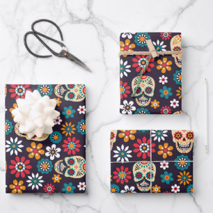 Red skull floral pattern wrapping paper sheet