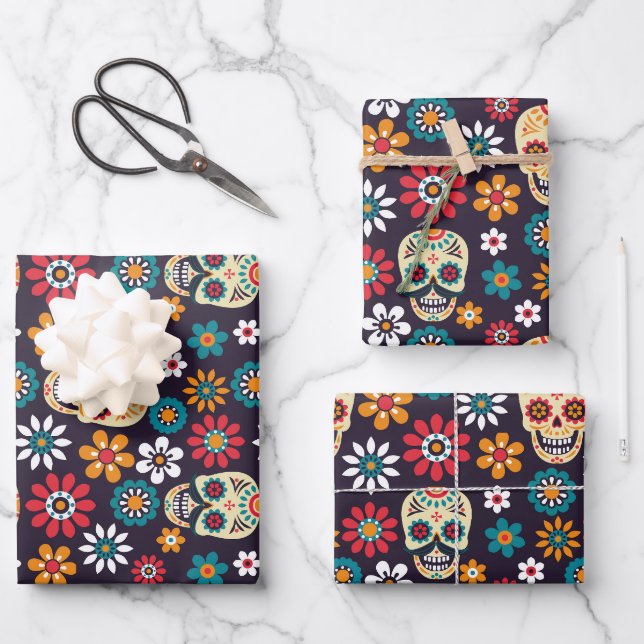 Red skull floral pattern wrapping paper sheet (Front)