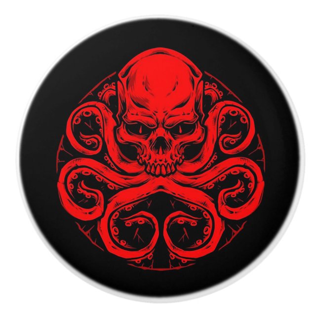 Red skull with Octopus Tentacles on Black Ceramic Knob (Front)