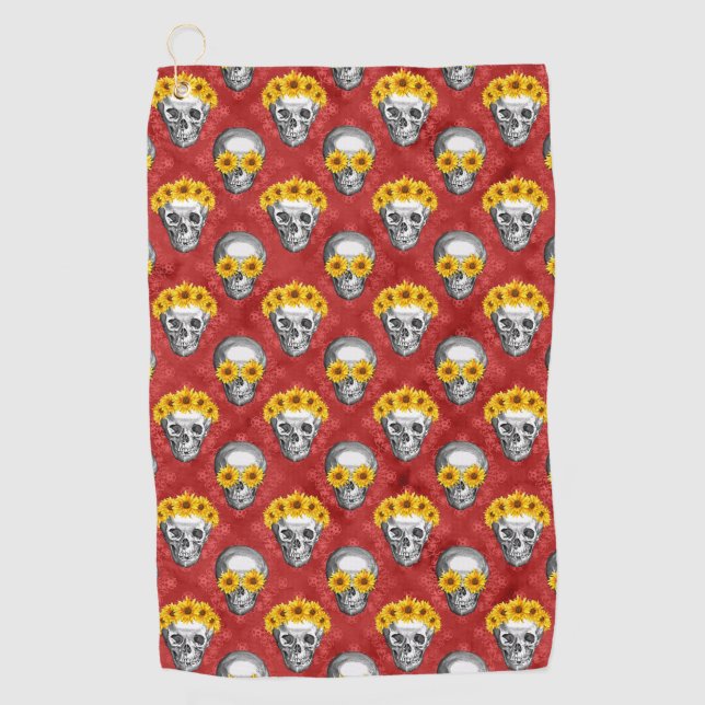 Red Skulls and Sunflower Series Design 12 Golf Towel (Front)