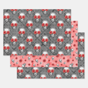 Red Skulls and Sunflower Series Design 3 Wrapping Paper Sheet