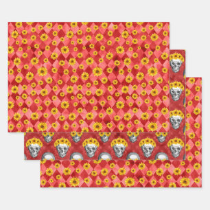 Red Skulls and Sunflower Series Design 9 Wrapping Paper Sheet