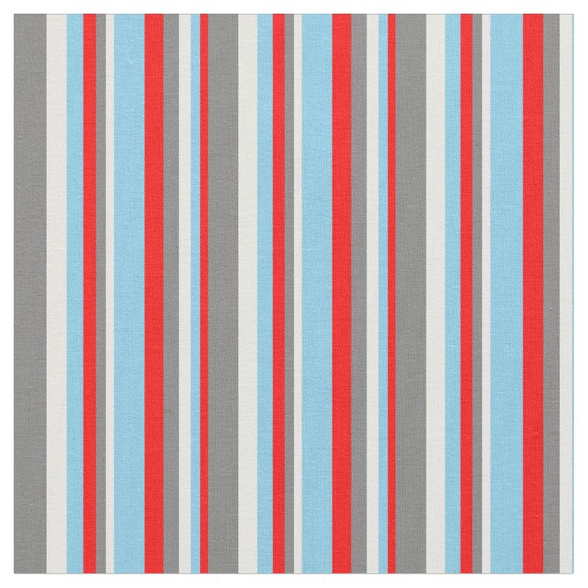 Red, Sky Blue, White & Grey Coloured Lines Fabric (Close Up)