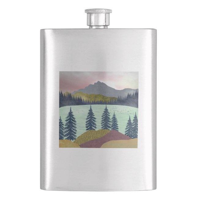 Red Sky Lake Landscape Hip Flask (Front)