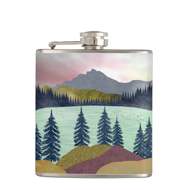 Red Sky Lake Landscape Hip Flask (Front)