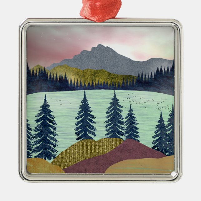 Red Sky Lake Landscape Metal Tree Decoration (Front)