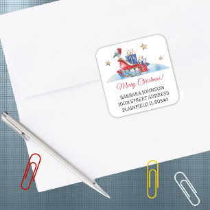 Red Sleigh & Gifts, Christmas 1.5" Address Return Square Sticker
