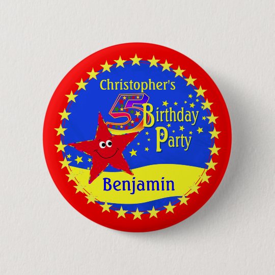 Red Smiley Star 5th Birthday Party Name Button