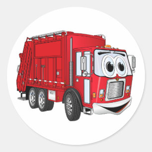Red Smiling Garbage Truck Cartoon Classic Round Sticker