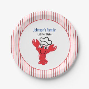 Red Smiling Lobster Chef Hat Stripes Paper Plate