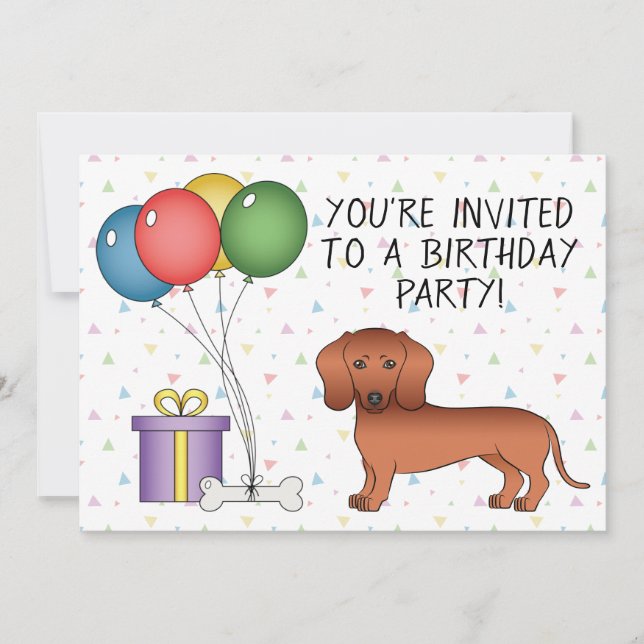 Red Smooth Coat Dachshund Cartoon Dog - Birthday Invitation (Front)