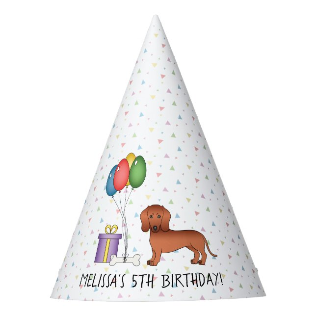 Red Smooth Coat Dachshund Cartoon Dog - Birthday Party Hat (Front)