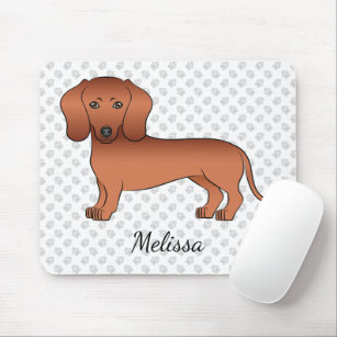 Red Smooth Coat Dachshund Cute Cartoon Dog & Name Mouse Mat