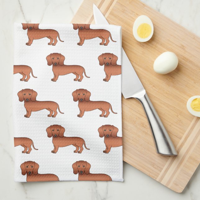 Red Smooth Coat Dachshund Cute Cartoon Dog Pattern Tea Towel (Quarter Fold)